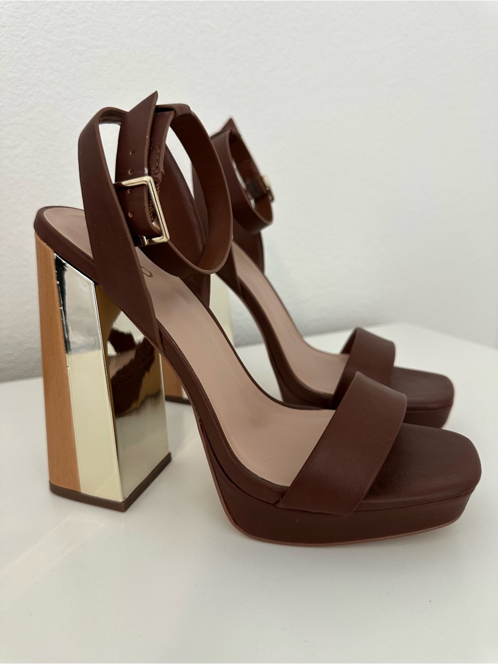 Aldo Priyah Chocolate Brown Platform Sandals with Gold-Tone Block Heel